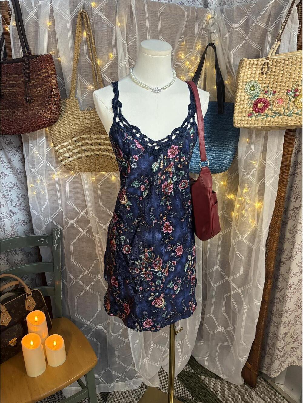 Vintage Angelique Floral Satin Slip Dress Navy Cottagecore Fairy Size S/M Est